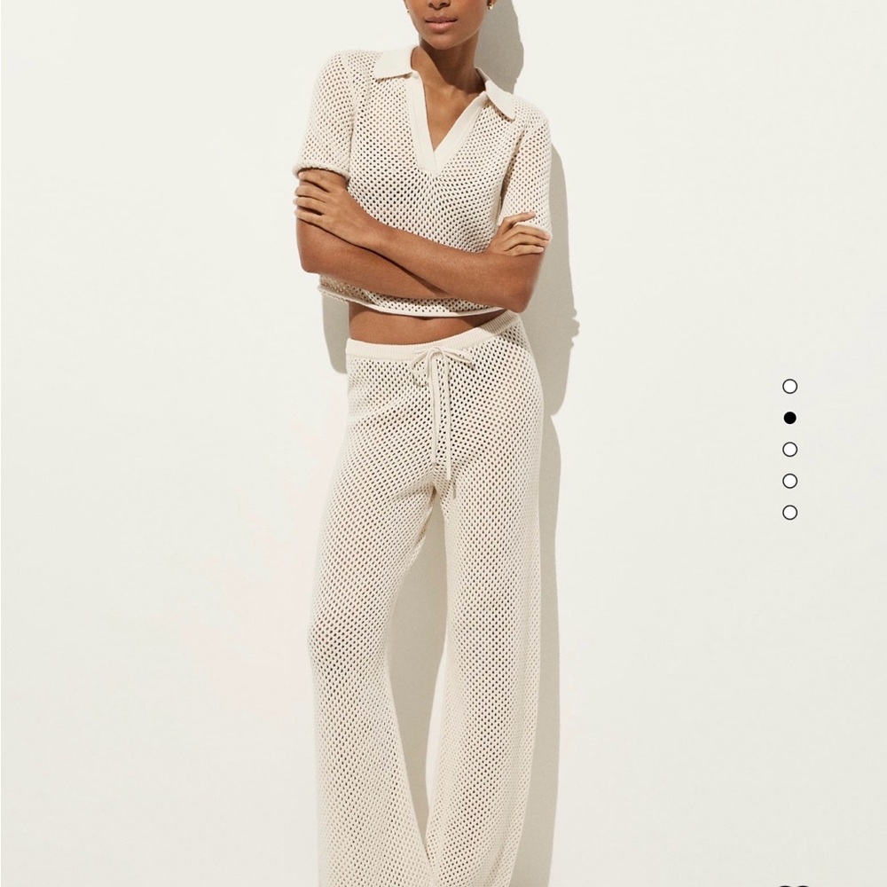 NWT J.Crew Cotton Crochet Beach Set Polo Top & Wide Leg Pants Natural S